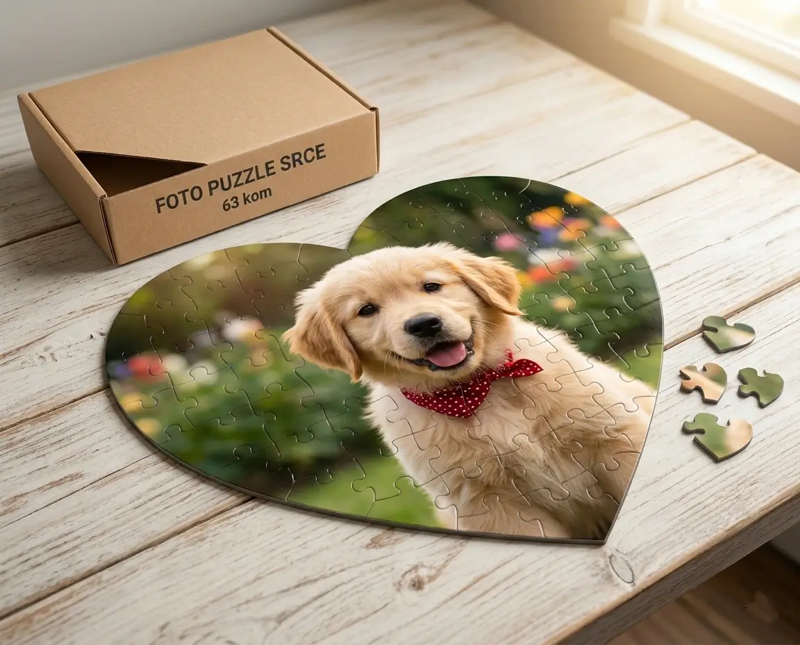 Personalizirane foto puzzle u obliku srca s tiskom psa i premium eko kutijom