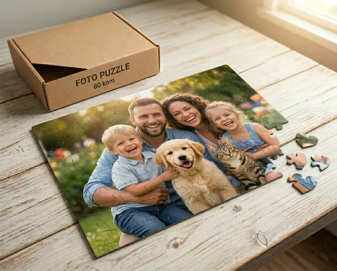 Pravokutne personalizirane puzzle s obiteljskom fotografijom, djecom i kućnim ljubimcima