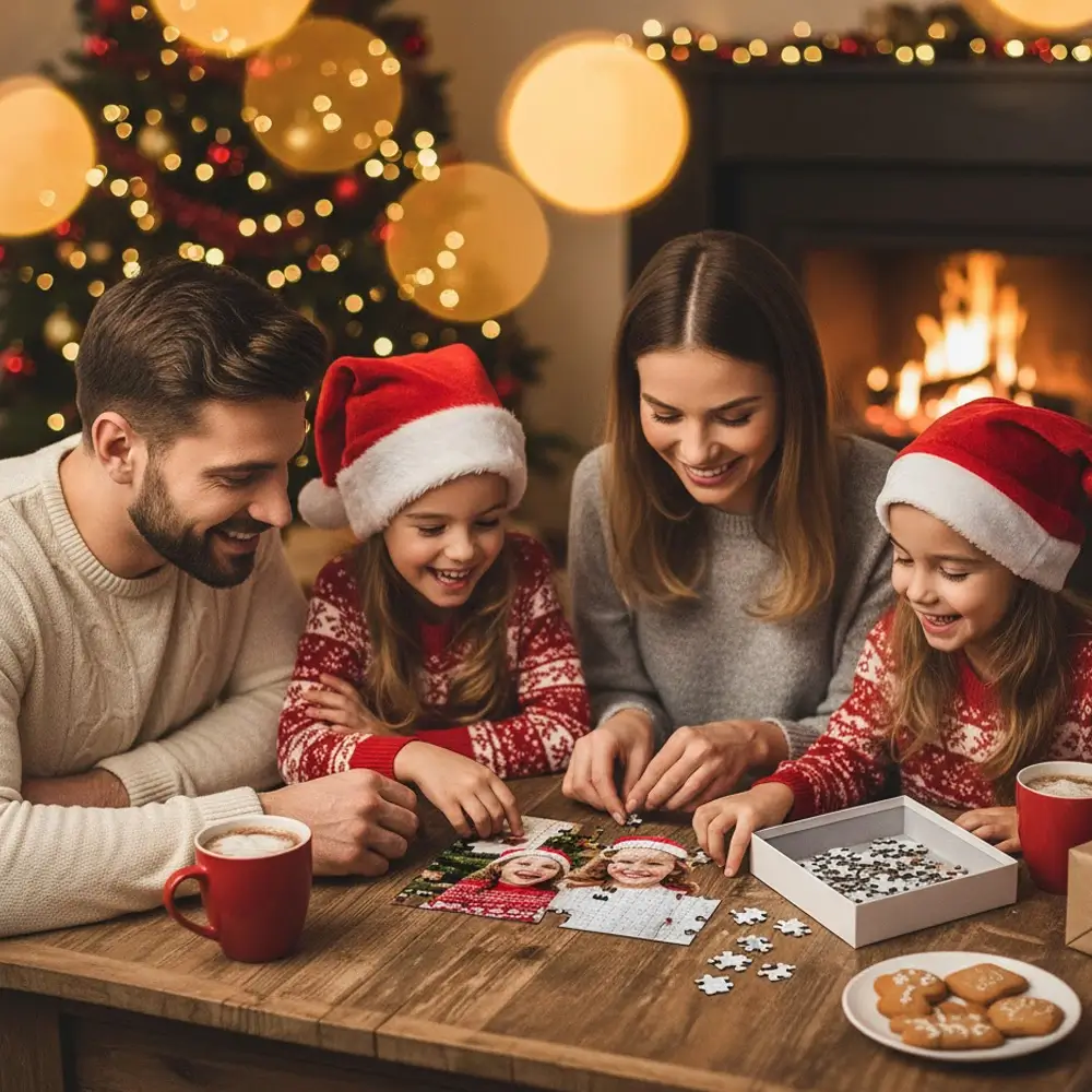 Obitelj slaže personalizirane božićne foto puzzle uz smijeh i blagdansko raspoloženje