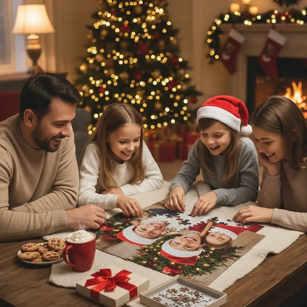 Božićne foto puzzle Personalizirane božićne foto puzzle s obiteljskom fotografijom na stolu uz božićne ukrase
