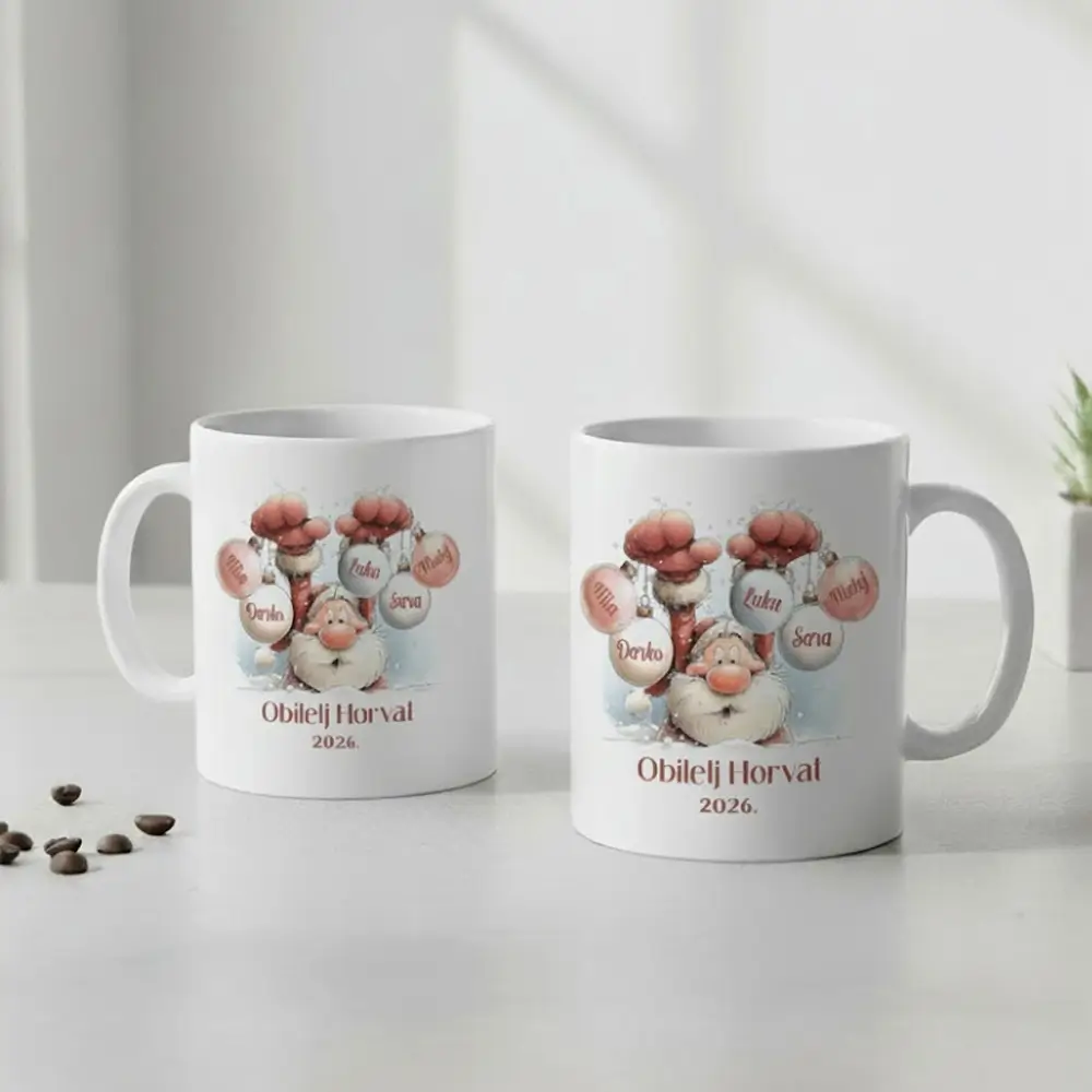 Personalizirana božićna šalica s gnomom i imenima članova obitelji Horvat, bijela keramička šalica s božićnim motivom i natpisom