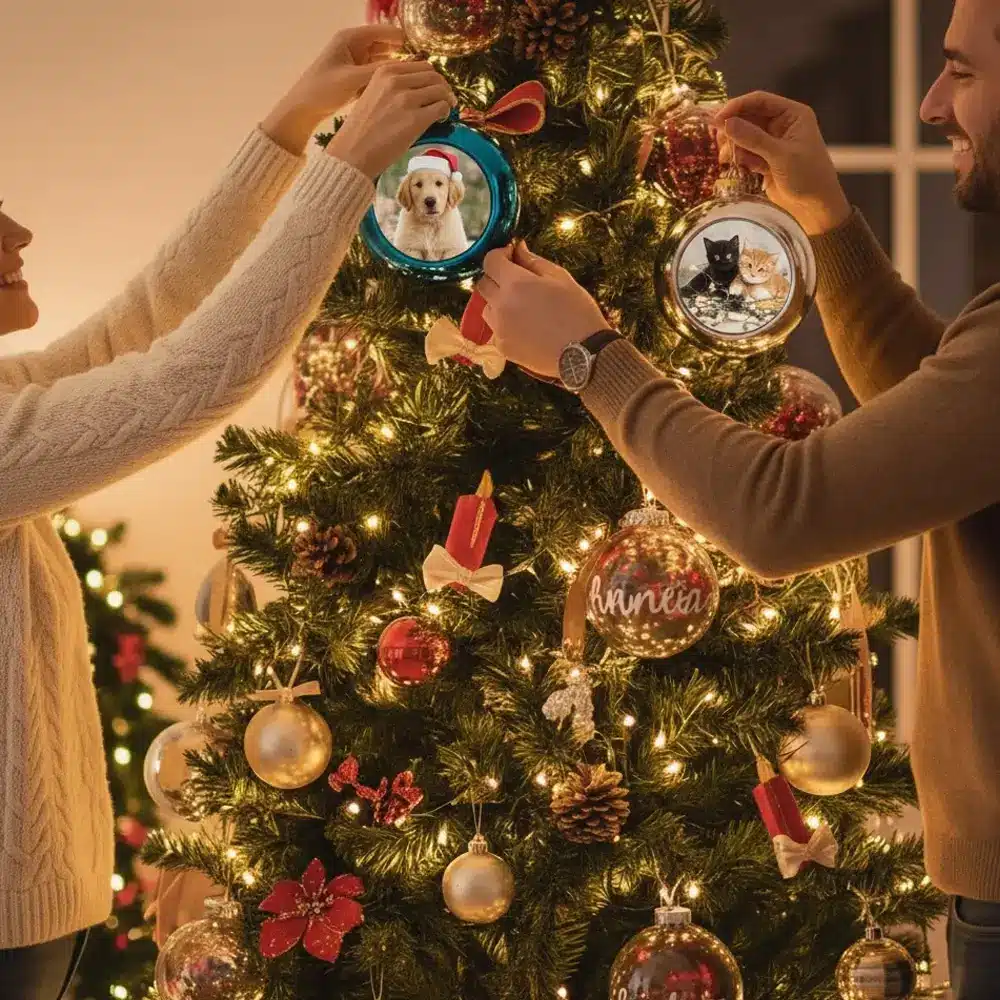 božićne kuglice s tiskom Personalizirane božićne kuglice s tiskom fotografija – plava i srebrna kuglica s obiteljskim motivima