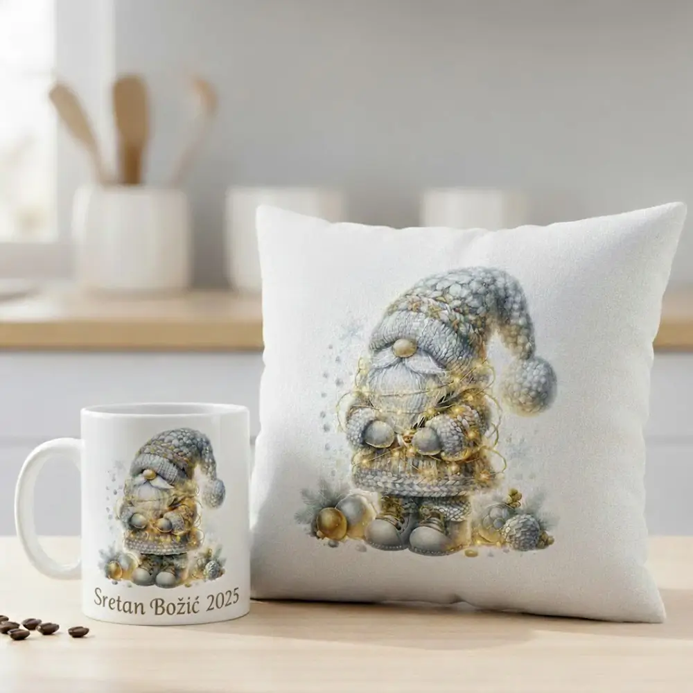 Personalizirani božićni set – šalica i jastuk s gnomom, blagdanski motiv u crveno-zlatnim tonovima, poklon s imenom